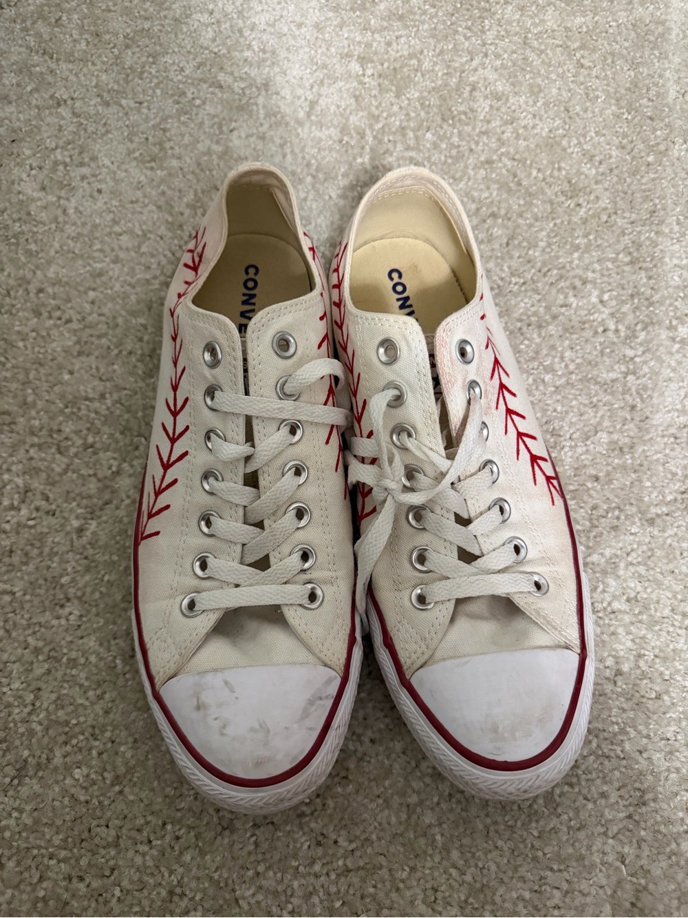 Converse White Canvas Low Top Sneakers with Red Stitch Detail